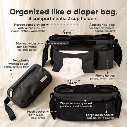 Organized like a diaper bag (8 compartments. 2 cup holders) - Storage compartment with velcro closure, Accessories loop, Phone holder, Discreet wipes, Detachable wristlet pouch, Mesh pocket (both sides), Zippered mesh pocket, and Large mesh pocket. 33058575024314