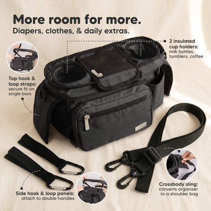 More room for more (Diapers, clothes, & daily extras) - Top hook & loop straps, Side hook & loop panels, 2 insulated cup holders, and Crossbody sling.  33058575089850