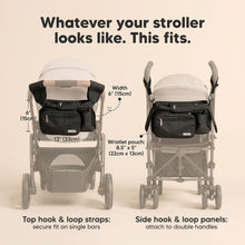 Load image into Gallery viewer, Whatever your stroller looks like. This fits - Size at 13" x 6" and 6" wide. Top hook &amp; loop straps: secure fit on single bars. Side hook &amp; loop panels: attach to double handles
