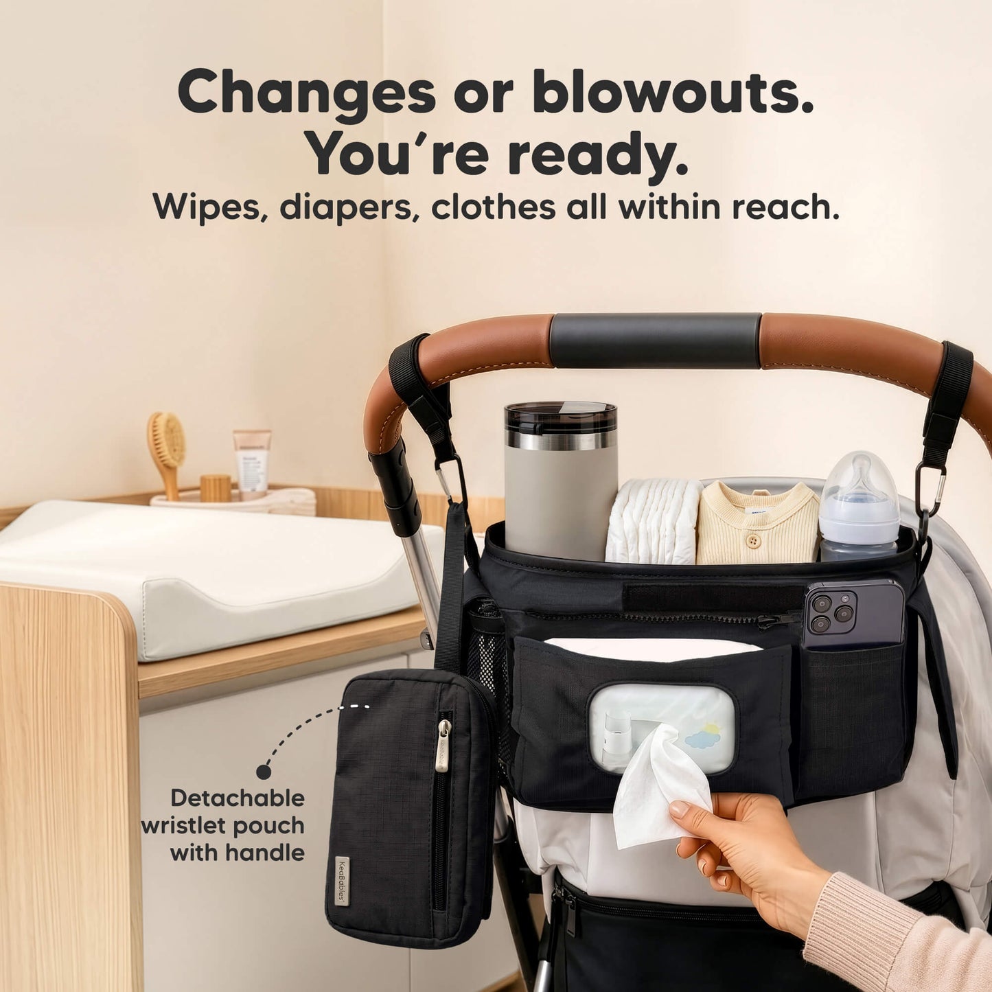 Changes or blowouts. You're ready - Wipes, diapers, clothes all within reach. (Detachable wristlet pouch with handle) 33058574860474