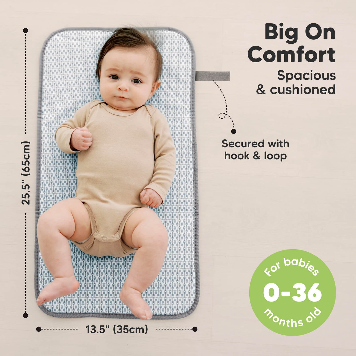 Big On Comfort Spacious & cushioned Secured with hook & loop For babies 0–36 months 25.5” (65cm) x 13.5” (35cm) 26410808410298