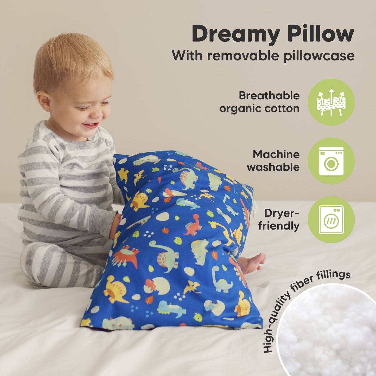 The dreamy pillow features a removable breathable organic cotton cover, high-quality fiber filling, and is machine washable and dryer-friendly for easy care.
 27542757966010
