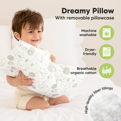 The dreamy pillow features a removable breathable organic cotton cover, high-quality fiber filling, and is machine washable and dryer-friendly for easy care. 26145142145210