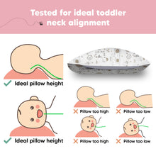 Load image into Gallery viewer, Tested for ideal toddler neck alignment. Ideal pillow height: Not too low, not too high
