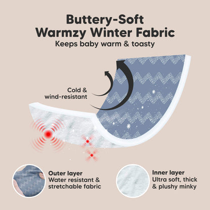 Buttery-Soft Warmzy Winter Fabric, Keeps baby warm & toasty, Cold & wind-resistant, Outer layer - Water resistant & stretchable fabric, Inner layer - 
Ultra soft, thick & plushy minky 34510941520058