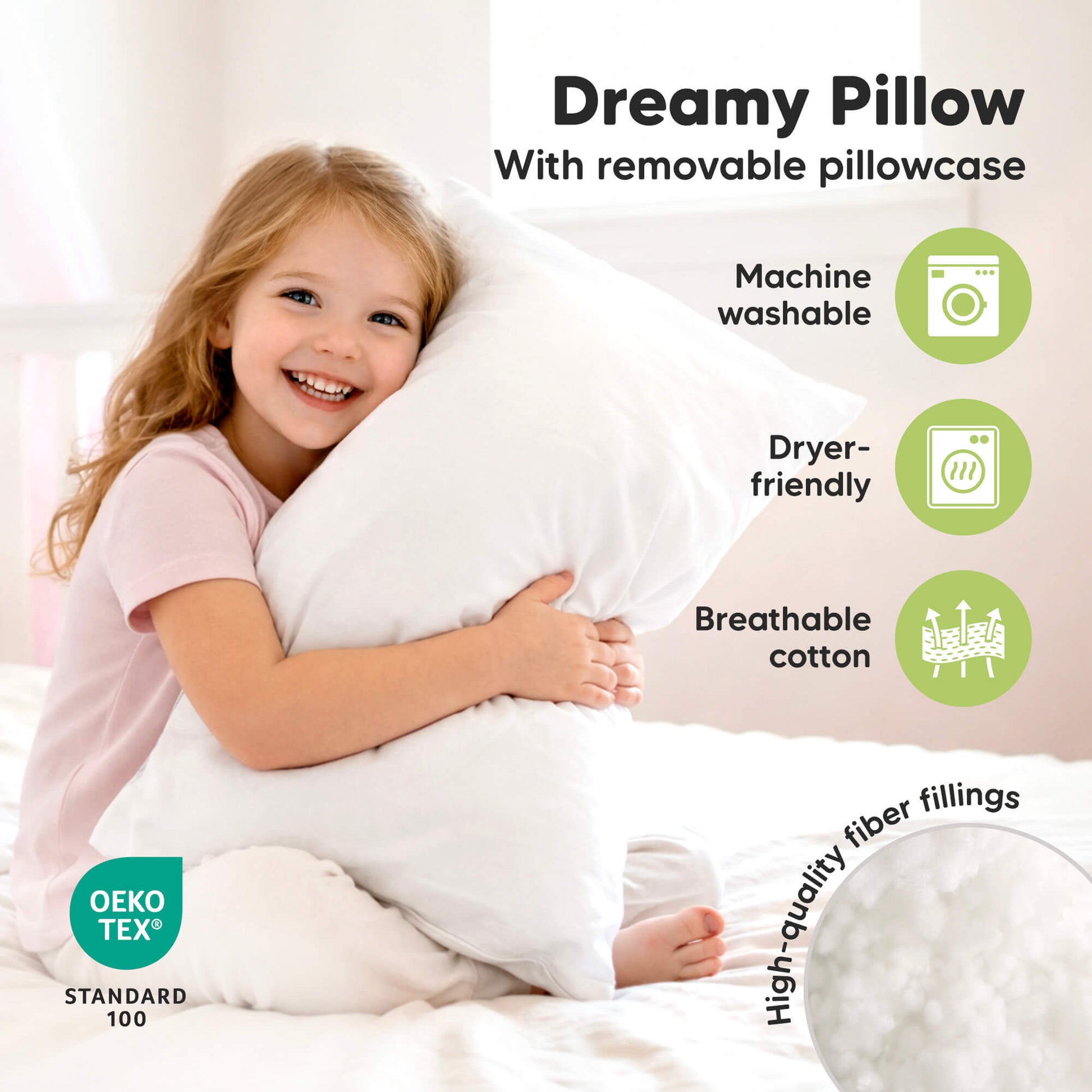 Dreamy Pillow With removable pillowcase - Machine washable, Dryer-friendly and Breathable cotton (High-quality fiber fillings) OEKO TEX STANDARD 100 31984523837626