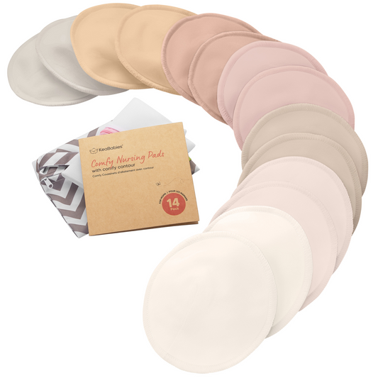 14-Pack Reusable Comfy Nursing Pads Set featuring soft, washable bamboo pads with a sustainable kraft box.
