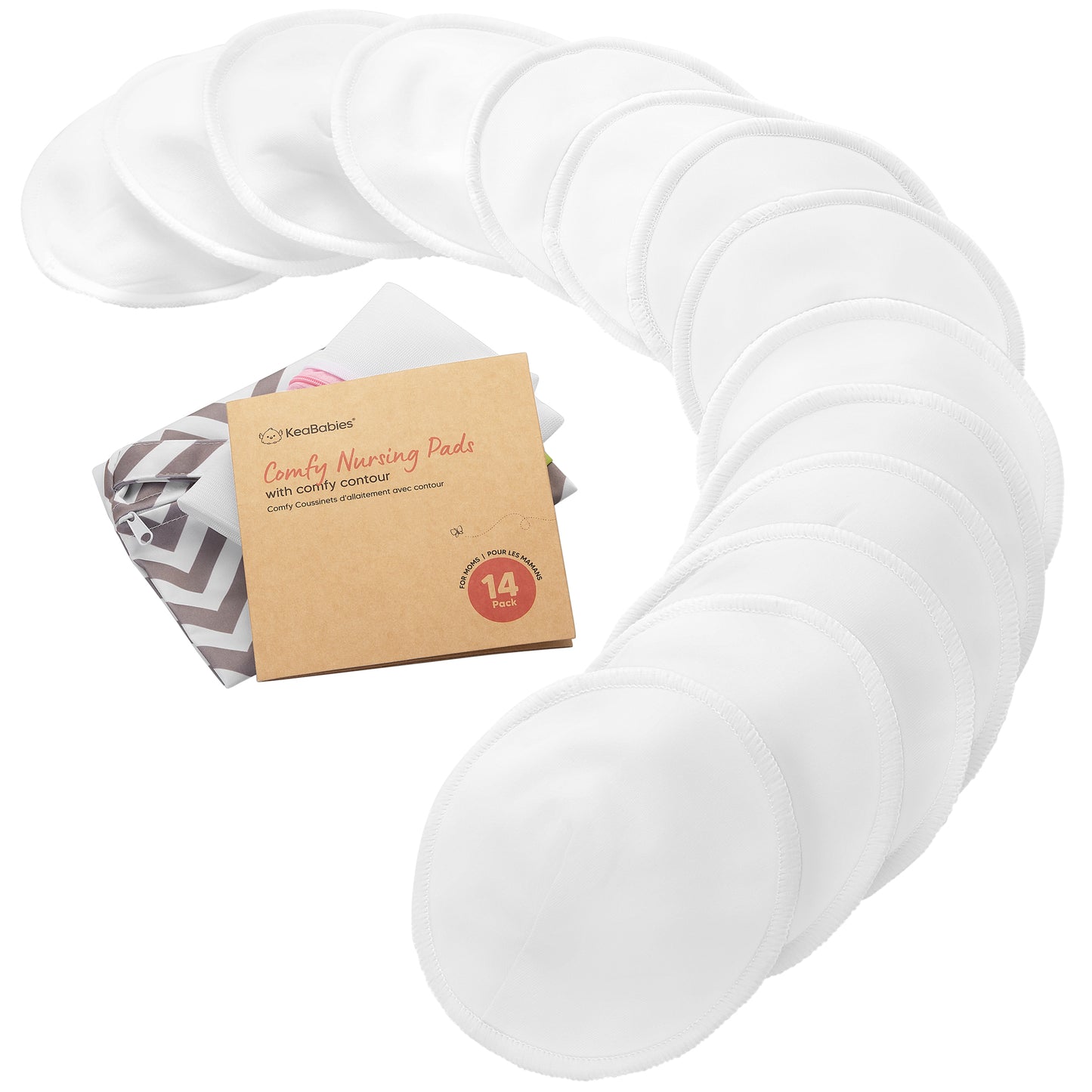 14-Pack Reusable Comfy Nursing Pads Set featuring soft, washable bamboo pads with a sustainable kraft box. 24647990411450
