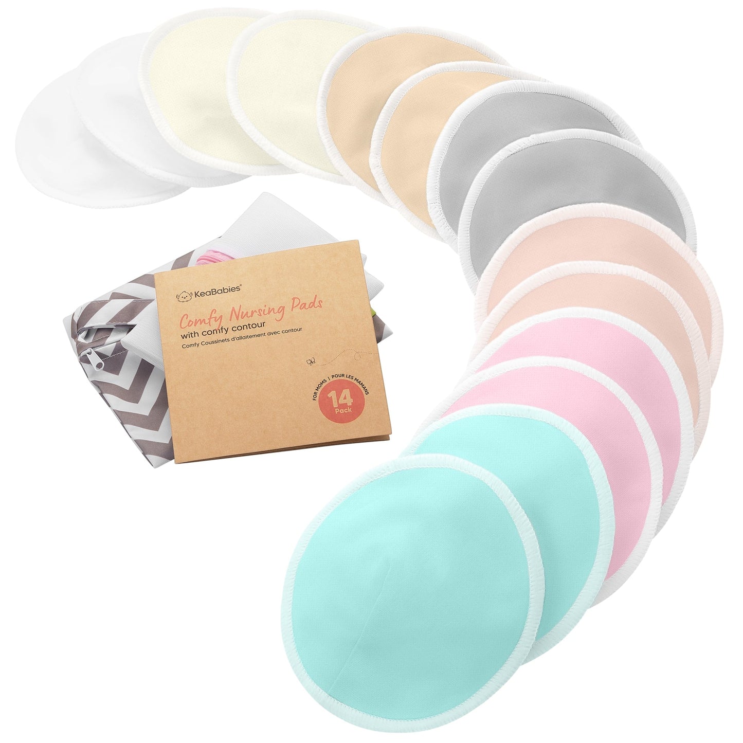 14-Pack Reusable Comfy Nursing Pads Set featuring soft, washable bamboo pads with a sustainable kraft box. 24460783911098