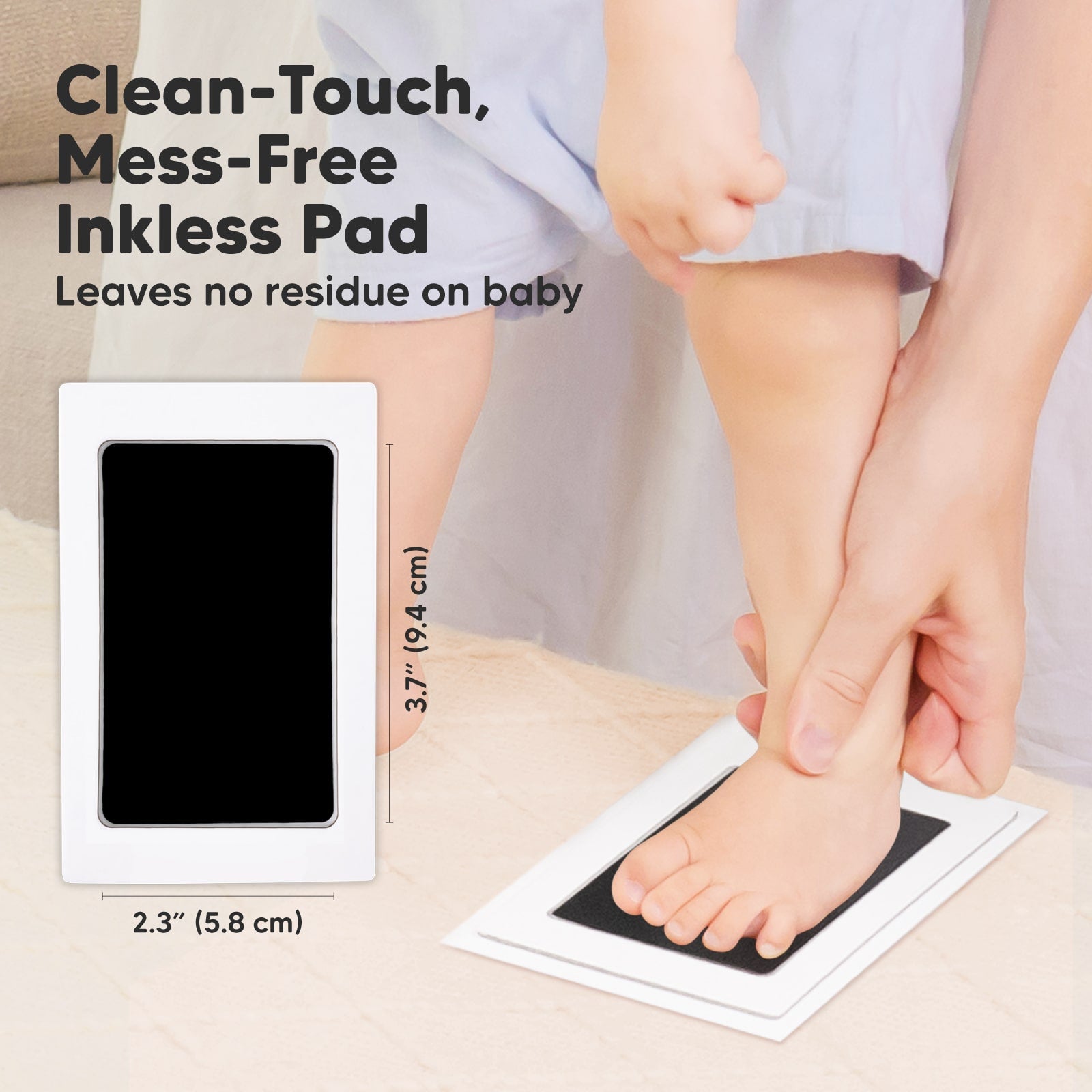 Clean-touch, mess-free inkless pad, size 2.3 × 3.7 inches, leaves no residue on baby. 24996494868666