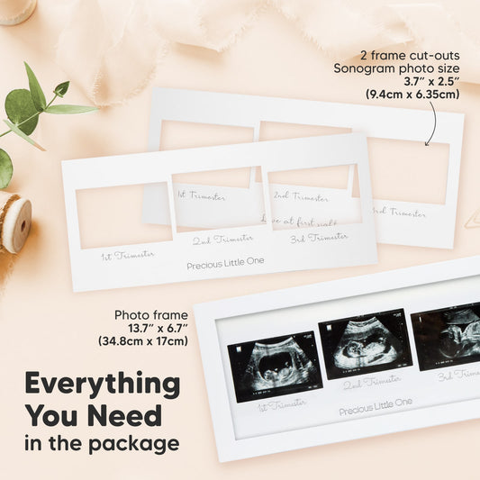 Everything You Need: photo frame (13.7" x 6.7" / 34.8cm x 17cm), 2x frame cut-outs for sonogram photos (3.7" x 2.5" / 9.4cm x 6.35cm).-on-hover